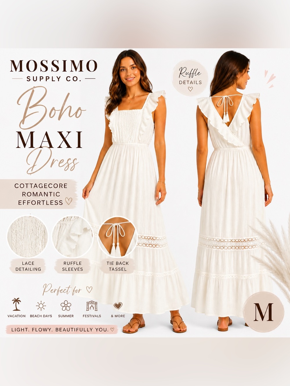 Mossimo cream Boho Maxi Dress Lace Ruffle Cottagecore Festival Beach Size M